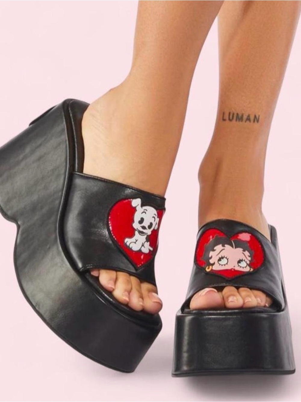 Betty Boop x Dolls Kill Platform Slide Sandals with Red Cartoon Heart Accent